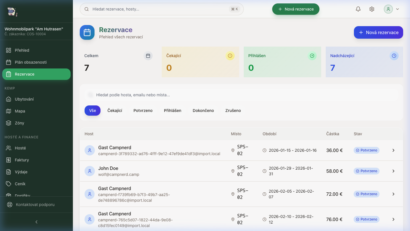 Rezervace, plánovač a digitální check-in
