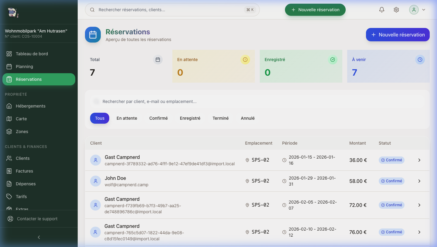 Réservations, planificateur et check-in numérique