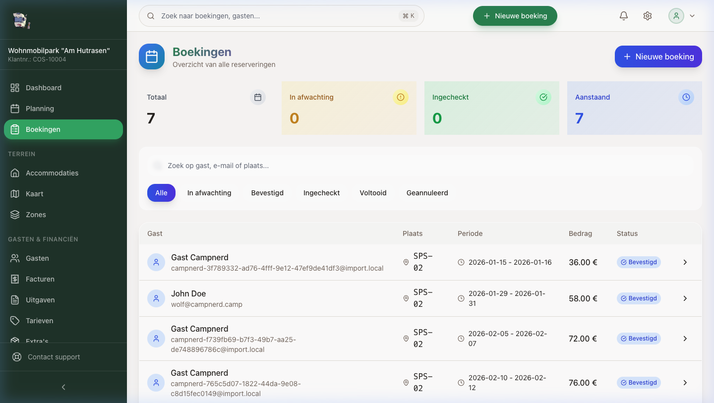 Boekingen, planner en digitale check-in
